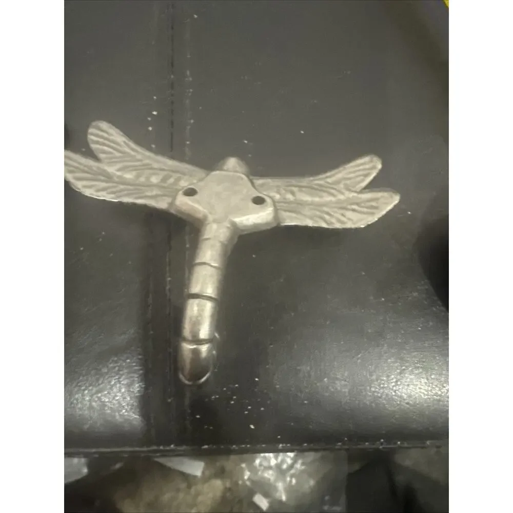 Pair Vintage Silver Tone Dragonfly Wall Hooks 4x3 Decorative Metal Coat Hook